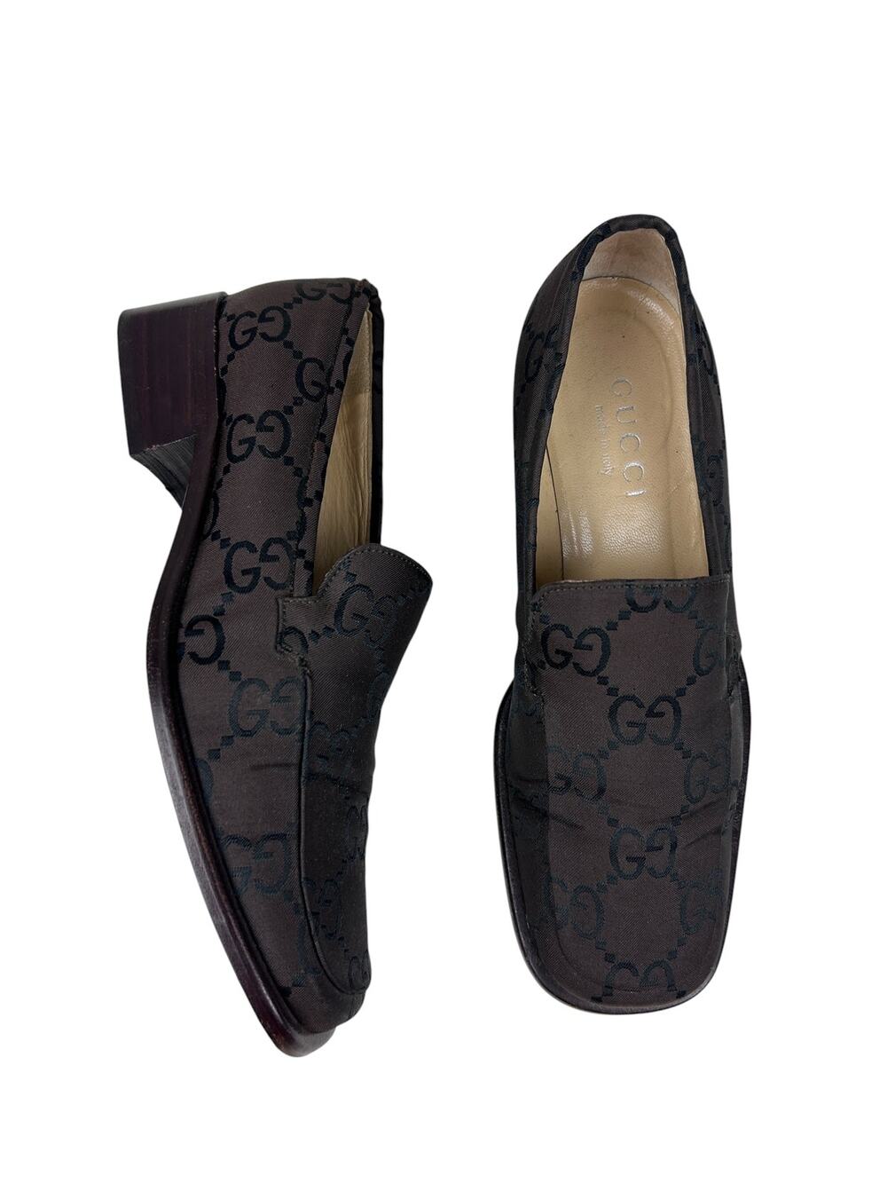 Gucci GG Black Monogram Brown Square Toe Heeled Loafers 5.5